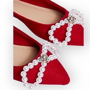 BAMBOO Pearl Bow Rhinestone Suede Point-Toe Ballet Flat NWT